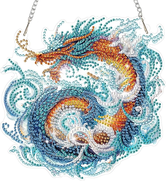 DOMROM Dragon Diamond Art Hanging Kit for Adult, Special Shaped Rhinestone, 5D Diamond Art Painting Window Pendants, Home Wall Art Hanging Kits, Double Sided Hanging Ornament 5.1x7.6in
