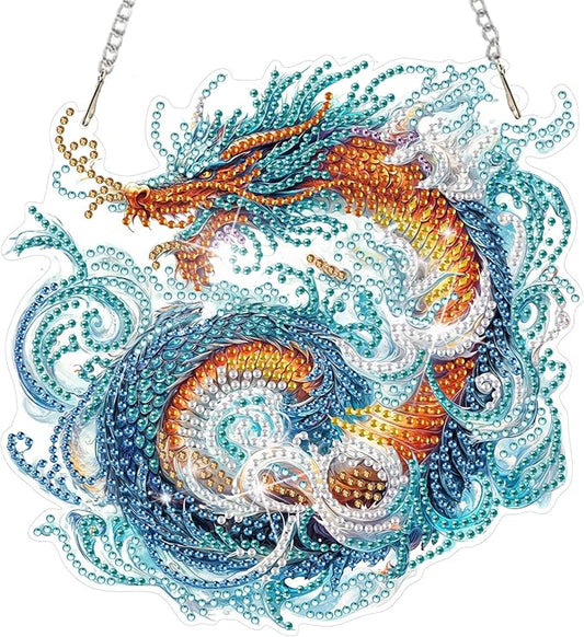 DOMROM Dragon Diamond Art Hanging Kit for Adult, Special Shaped Rhinestone, 5D Diamond Art Painting Window Pendants, Home Wall Art Hanging Kits, Double Sided Hanging Ornament 5.1x7.6in