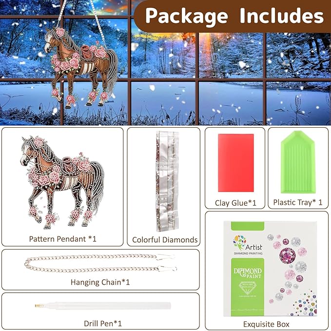 Horse Diamond Art Hanging Kits for Adults, Animal Diamond Painting Pendant Kits, DIY Acrylic 5D Special Shaped Crystal Diamonds Gem Art Painting Ornament for Home Wall Decor Gift 8x8 Inch