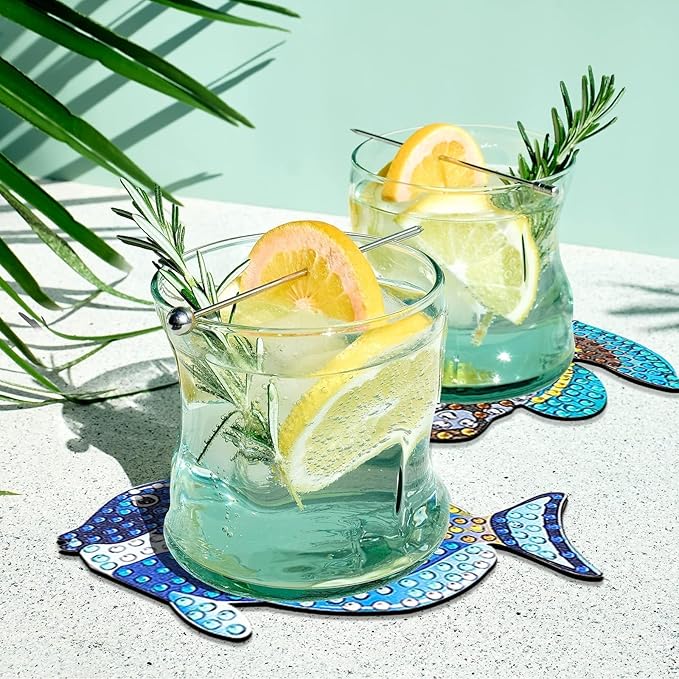 YLOLUL 10 Pcs Summer Fish Diamond Art Coasters Tropical Fish Shape Diamond Art Kits DIY Coasters with Holder for Beginner Adults Kids Craft Supplies Gift