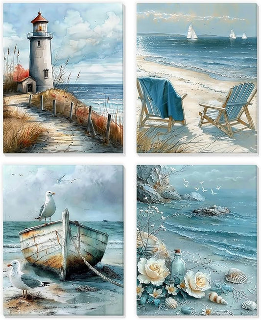 NEWENMO 4 Pack Paint by Numbers Kit for Kids Beginner with Wooden Frame, Lighthouse, Beach, Paint by Numbers Kit for Adults, Coastal Landscape, DIY Painting Kits for Home Wall Decor 8x10 inch