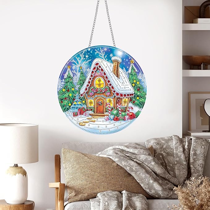 Pavemlo Hanging Diamond Art Kits for Adults Christmas Snow – 8x8 Inch Double-Sided Acrylic Board DIY Crystal Diamond Suncatcher Pendant, Sparkling Home Wall or Window Decoration Handmade Gift