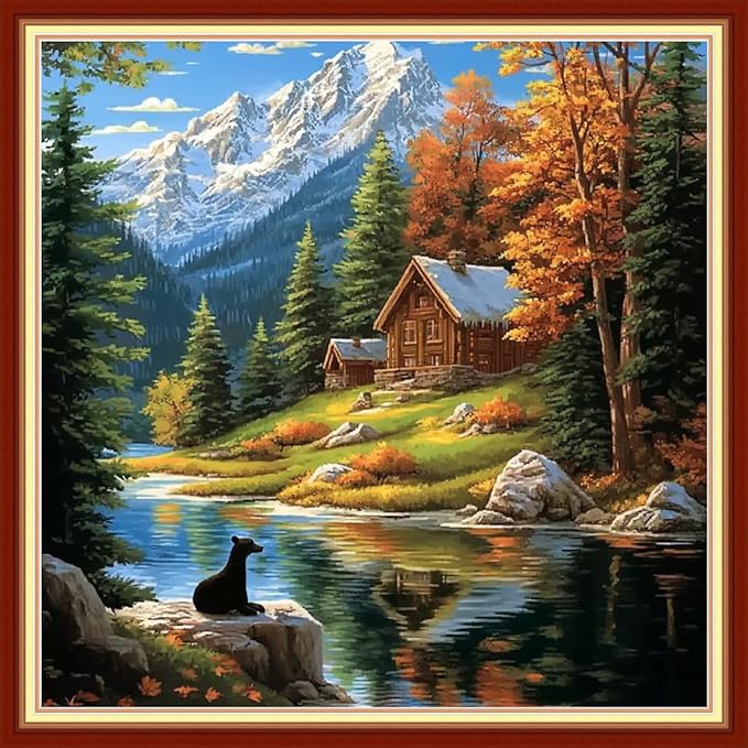 Redxing Stamped Cross Stitch Kits Embroidery kit for Beginners Adults Full Range of Embroidery Patterns Starter Kits DIY Printed Cross Stitch Kits Needlepoint Kits 11CT-Lakeside Scenery 18x18 inchs