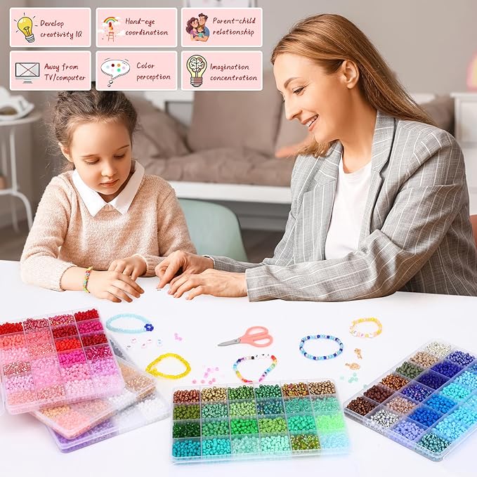 QUEFE 15600pcs 4mm Glass Seed Beads 120 Colors Beads for Bracelet Making Kit Friendship Bracelet Kit with Letter Beads Accessories Charms and Pendants Kit for DIY Jewelry Making Girls Craft