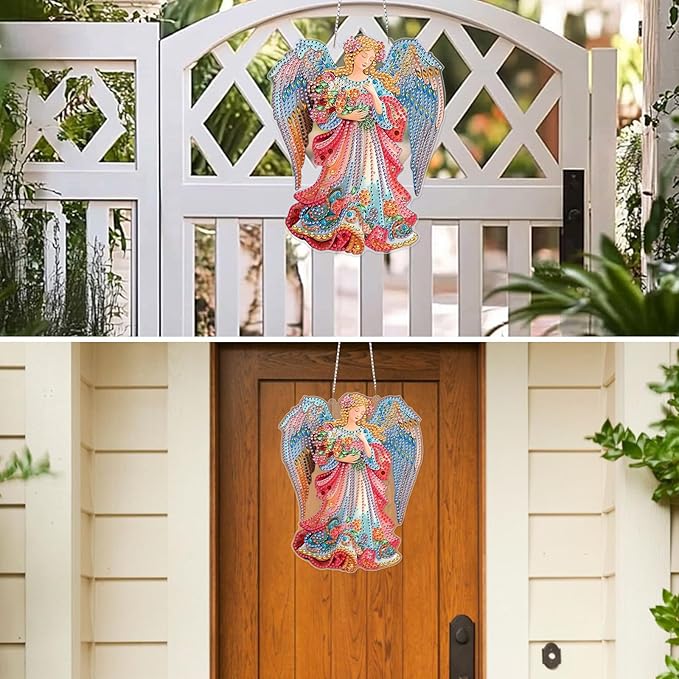 MXJSUA Diamond Art Hanging Kits for Adults Beginners, DIY Acrylic 5D Special Shaped Crystal Diamond Gem Art Painting Hanging Ornament for Home Wall Decor and Gift (Floral Angel)