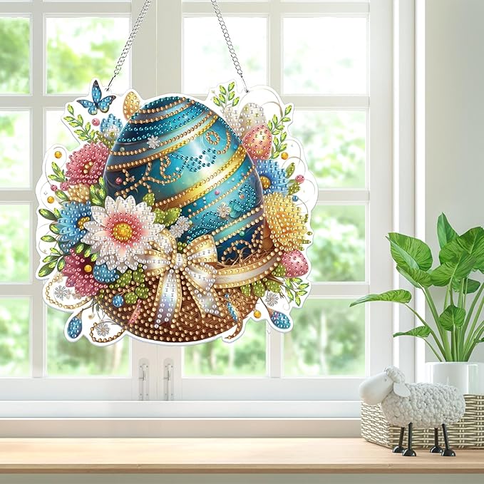 Bowetile Easter Diamond Art Hanging Kits for Adults, 5D Special Shape Diamond Painting Egg Kits, Easter Egg Diamond Gem Art Suncatchers Painting Pendant Home Decor, Gifts for Easter