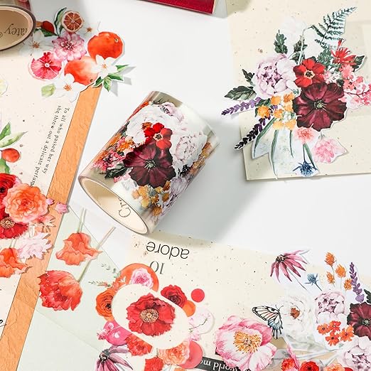 12-Roll Floral PET Washi Tape Set & PET Stickers – Easy to Use for Journaling & Card Making, Ideal for Scrapbooking & Junk Journaling