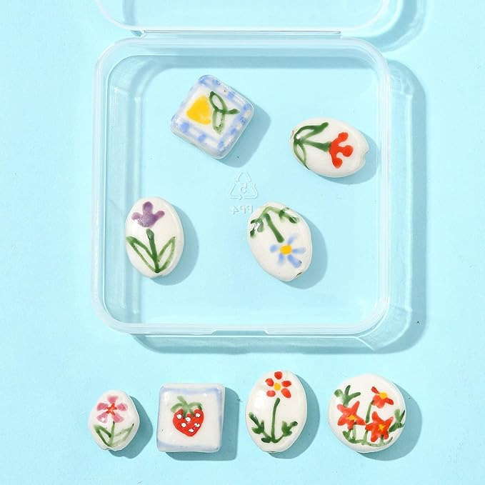 8Pcs Flower Porcelain Beads for DIY Jewelry Mixed Shapes Handmade Round Square Oval Floral Spacer Beads for Necklaces Bracelets Earrings Keychains Making and Crafting