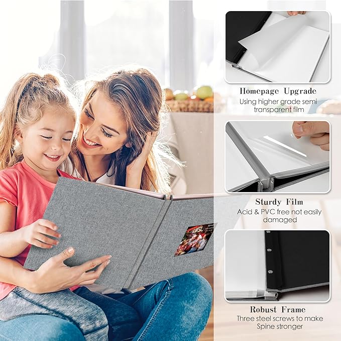 Spbapr Large Photo Album Self Adhesive 3x5 4x6 5x7 8x10 Pictures Magnetic Scrapbook Linen Cover DIY Album with A Metal Pen 11"x10.6"40pages