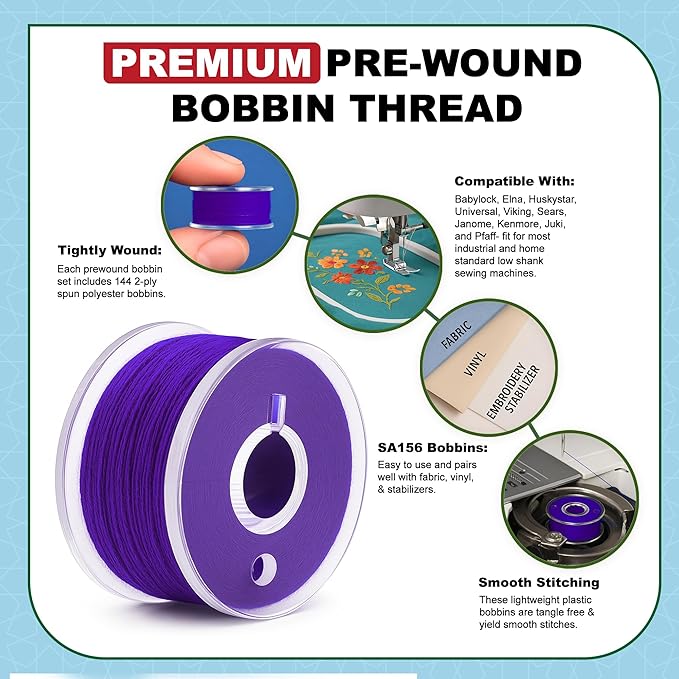 Mandala Crafts 144 Purple SA156 Prewound Bobbins for Singer Sewing Machine -15J SA156 Prefilled Bobbin Thread for Brother Sewing Machine and Embroidery