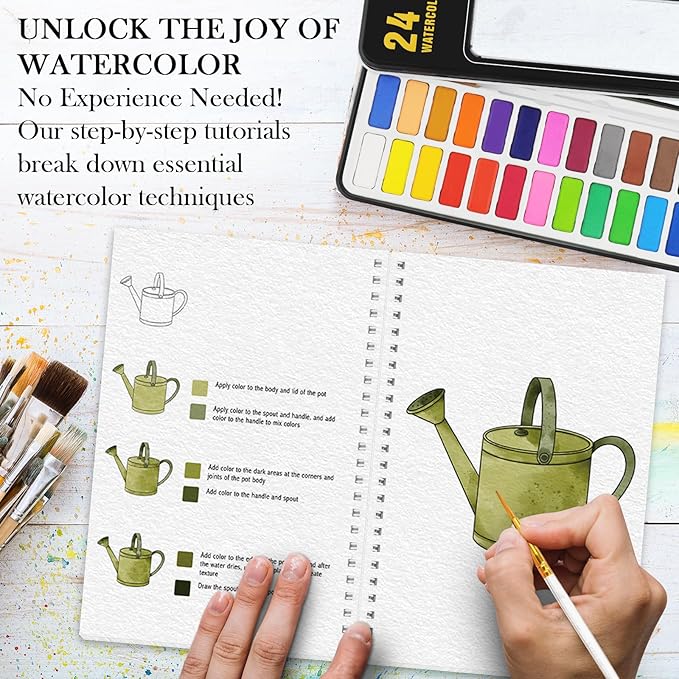 4Pcs Watercolor Workbook with Step by Step, Water Coloring Book with 48 Patterns, Beginner-Friendly Watercolor Workbooks with 24 Paint Colors, Valentine's Day Stress - Relieving Gift for Women