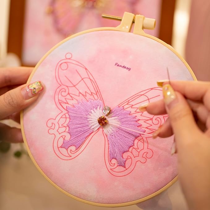 Craftreasure Embroidery Kit for Adults, Butterfly Needle Point Kits Adults Beginner Include Embroidery Beads Threads for Craft Lover Hand Stitch with Embroidery Skill Technique (Purple-Intermediate)
