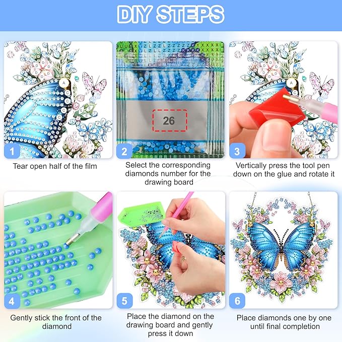 QENSPE Diamond Art Hanging Kits for Adults, 5D Blue Butterfly Special Shape Diamond Paingting Ornaments Kits with Chain, DIY Crystal Window Pendants for Home Garden Wall Decor Double Sided 8X8 inch