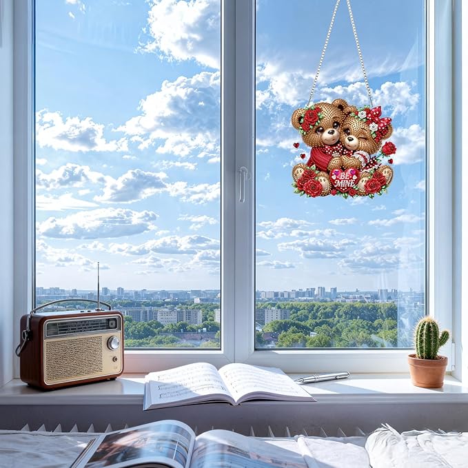 CEOVR Valentine's Day Diamond Painting Pendant, Loving Bears Hanging Diamond Art for Adults DIY Gem Art Wall Ornament, Acrylic Home Garden Decor with Chain, Box Kit 7.87×7.48inch