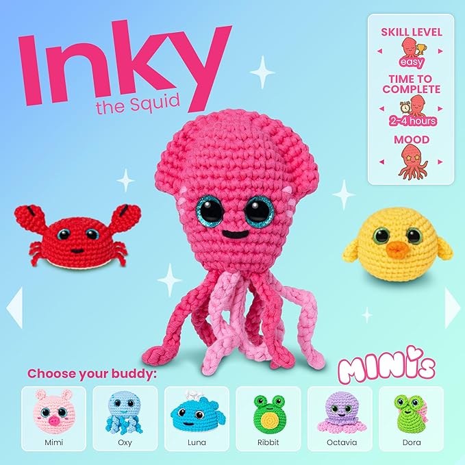 Cookie Box MINIs Crochet Kit for Beginners – Gift Set to Make Squid Inky Amigurumi Plushie – Easy DIY Crochet & Knitting Starter Kit with Printed Instructions & Step-by-Step Video Tutorial