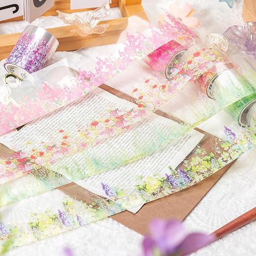 Wisteria Floral PET Decorative Tape Set, 6 Rolls Wide Garden Washi Tape for Journaling Supplies, Scrapbooking, Bullet Journal, Junk Journal, DIY Crafts and Gift Wrapping