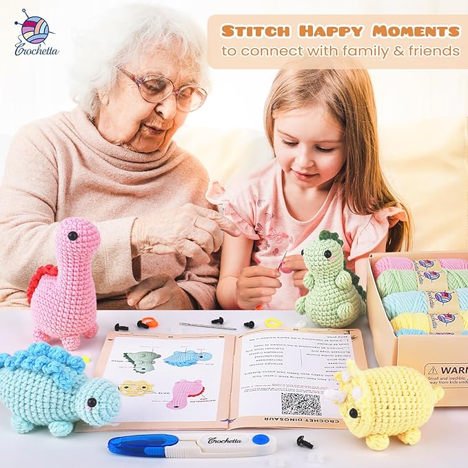 Crochet Kit for Beginners, Beginner Crochet Kit for Adults with Step-by-Step Video Tutorials, DIY Crochet Animal Kits Knitting Supplies, 4 Pack Dinosaurs (40%+ Yarn)