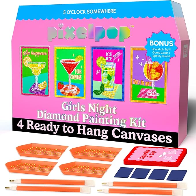 HOUSE OF PARTY Diamond Art Paintings | Girls Night Diamond Art Kit for Adults | Fun & Easy Craft Kit with Conversation Cards, Curated Music Playlist, and Wood Frames for Ready-to-Hang Art