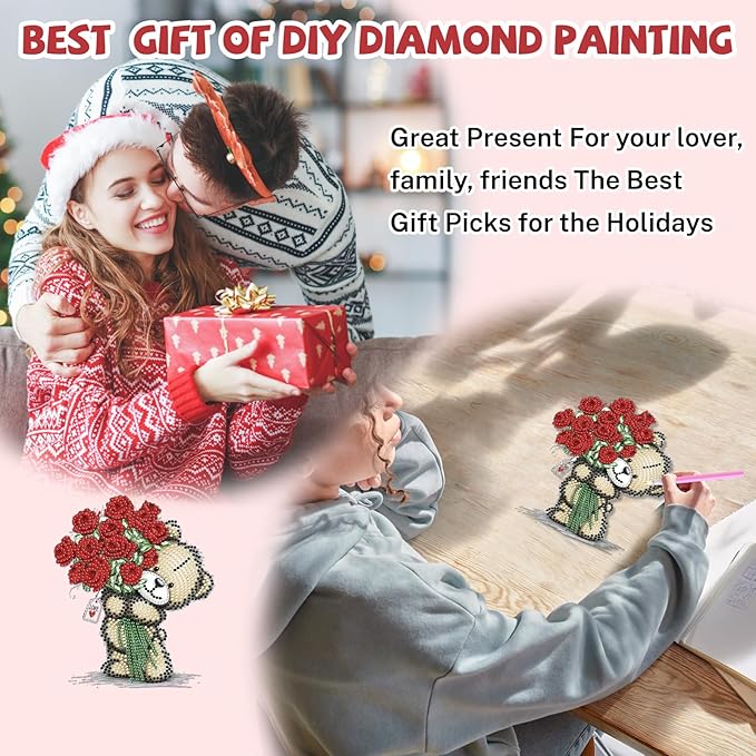 Bowetile Valentine's Day Diamond Art Hanging Kits for Adults, Diamond Art Suncatchers Bear, 5D Special Shape Diamond Painting Red Roses Pendant Window Ornament Gifts for Home Door Wall Decor