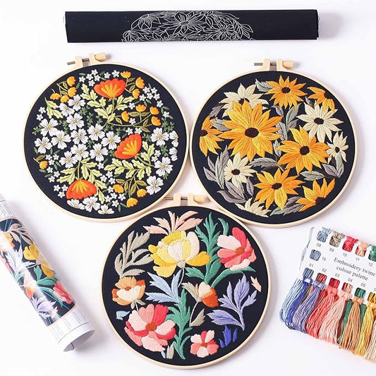 reewisly 3pcs embroidery starter kit with patterns and instructions, diy adult cross stitch kits beginner, including 3 plastic embroidery rings, 1 scissors, colored threads and needles