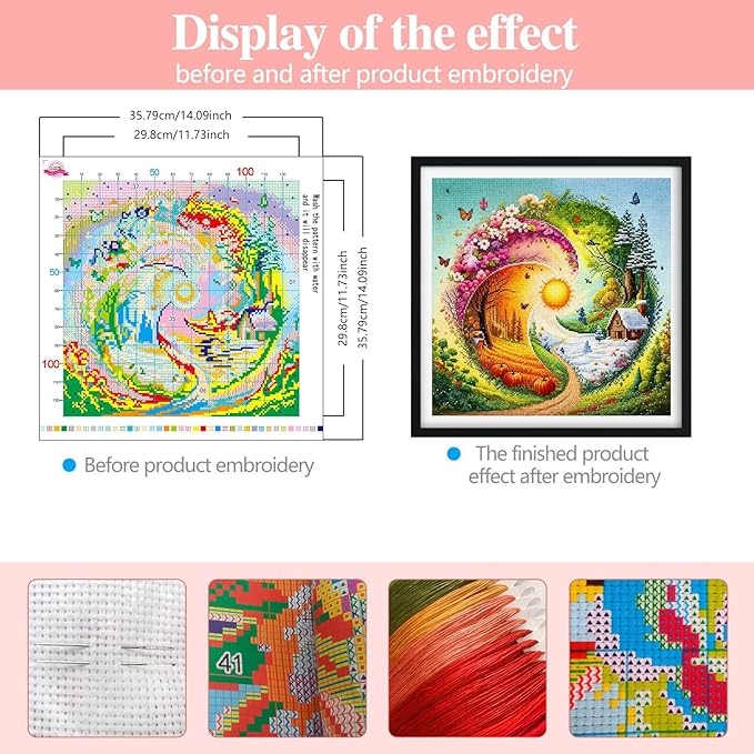 Zhenqing Four Seasons Rotation Cross Stitch Kit for Beginners, 11CT Printed White Cotton Fabric, 36x36cm Full Embroidery with Threads, Needle & Instructions (70677)