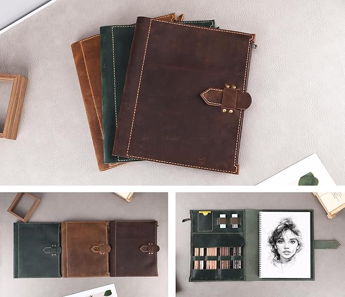 Leather Sketchbook Cover for A4/9"x12" sketch pads - Handmade Genuine Leather Artist Case with Pencil Holder & Zipper Pocket, Professional Drawing Supplies (Green, 9"x12")