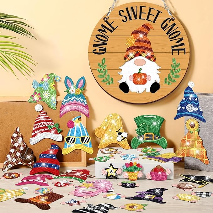 CroBlissful 41 Pcs Easter Interchangeable Iron Gnome Decor DIY Diamond Painting Craft Kit with Magnetic Hats Hands for Seasonal Holiday Decor