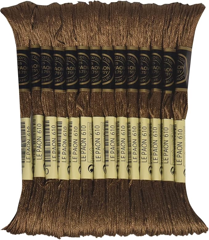 LE PAON Embroidery Floss, 14-Pack Six Strands 100% Long Staple Cotton Embroidery Thread, 8.7-Yard，Color Number：610, Dark Drab Brown