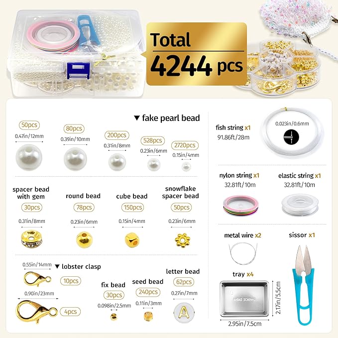 4244Pcs Beading Kit for Beginners,Full Set with 5 Sizes Round Pearl Beads and Gold Spacer Beads and Strings for Jewelry Making,DIY Pearlscent Bracelets/Necklaces/Phone Charm/Key Name Tag/Beaded Strap