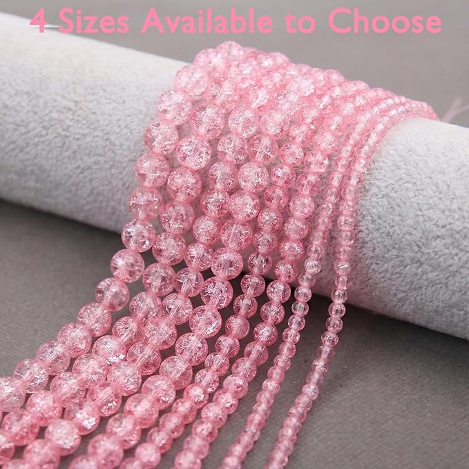 400PCs 4mm Pink Crackle Glass Beads Bulk, Round Smooth Hole Glass Crystal Beads for Jewelry Making, DIY Bracelets, Necklaces, Bag Charms, Keychains and Craft Projects