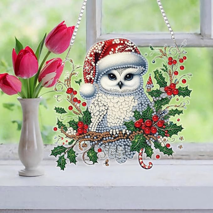 Auremi Christmas Diamond Art Painting Pendant Kits with Chain,5D Owl Diamond Art Hanging Kit DIY Diamond Crystal Window Door Hanging Pendant Kit for Adults Gift Wall Decor
