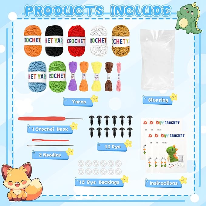 huashiluo 8pcs crochet kit for beginners, 2026 diy craft for adults and kids, great gift for crochet lovers, crocheting animal kits with step by step videos,yarn,crochet hook