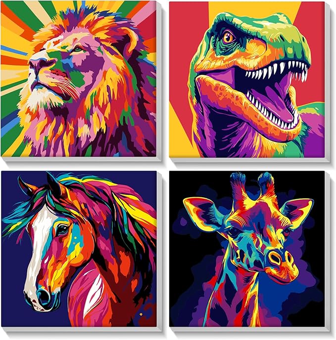 Lxmsja 4 Pack Pop Neon Animal Paint by Numbers Kit for Adults, Easy Framed Paint by Numbers for Adults Beginner, DIY Acrylic Oil Painting Craft Kits for Home Wall Decor 8x8 inch
