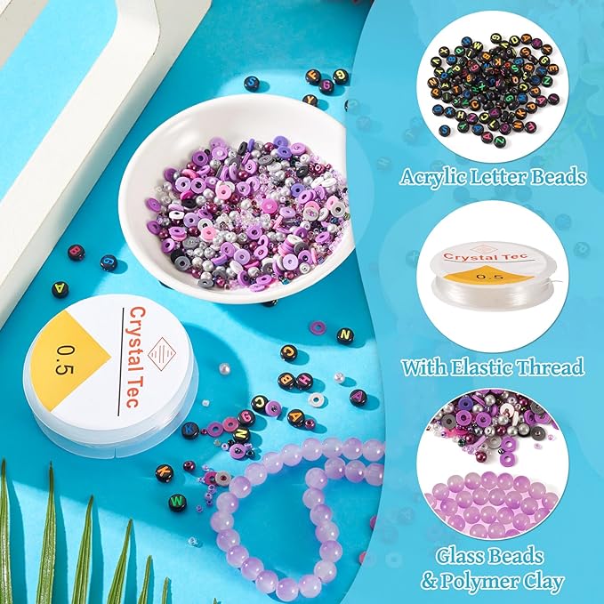 Spritewelry Friendship Bracelet Making Kit with Glass Seed Beads 8mm Purple Clay Beads Bracelet Making Kit for Adults Letter Bead for Jewelry Making DIY Crafts Gift Supplies 1 Bag
