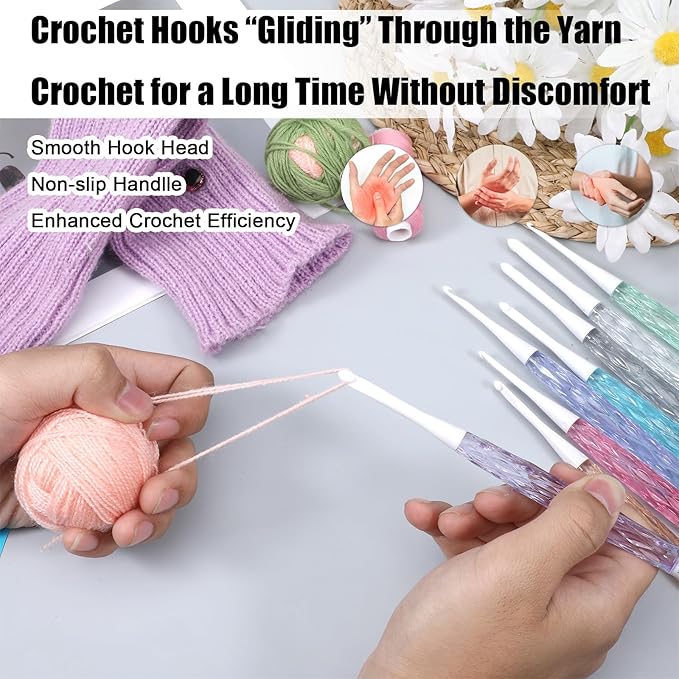 Ergonomic Crochet Hooks Set, 8Pcs Comfortable Practical Crochet Needles Colorful Knitting Kit for DIY Yarn Craft Great Gift for Women Adults Kids Children Beginners