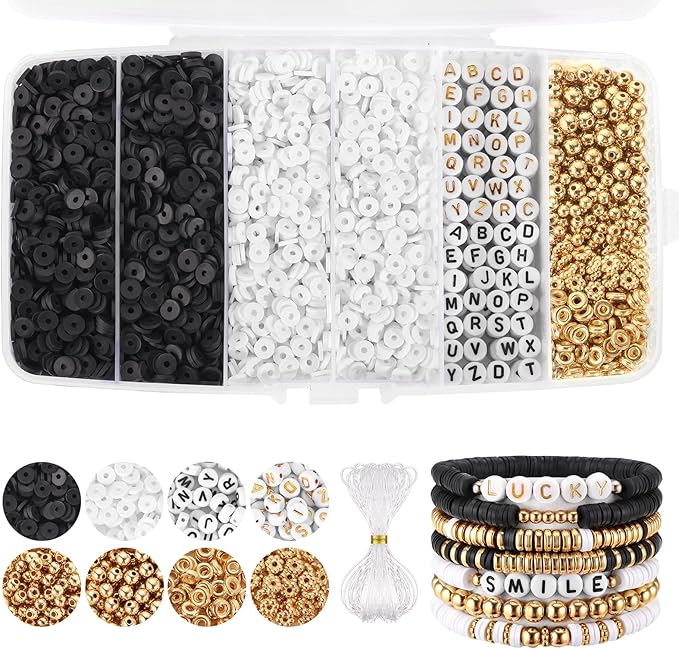 Funtopia Heishi Bracelet Making Kit, Polymer Clay Beads for Jewelry Making, Friendship Bracelet Kit with Gold and Alphabet Letter Beads for Girls and Adults (6mm)
