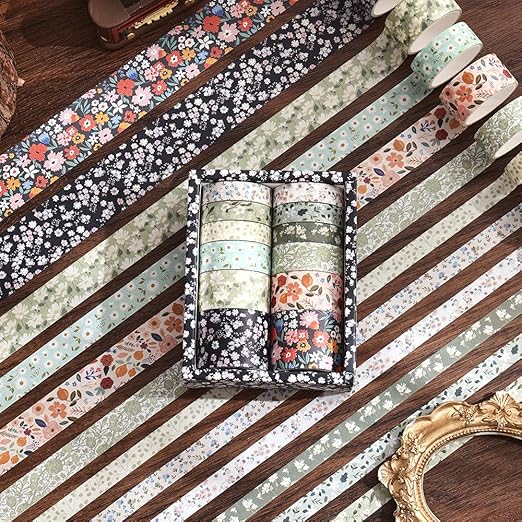 12 Rolls Floral Washi Tape Set - 0.4/0.6/0.8/1.2in Numerous Flowers Design Decorative Tapes for Journaling Scrapbooking Writable Vintage Scrapbook Supplies Letter Gift Craft Tape (Colorful1)