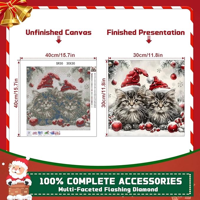 EMIEAUFG Christmas Diamond Art Kits for Adults, Christmas Cat Diamond Paiting Kit for Beginners, 5D DIY Round Full Drill Craft Diamond Dot Gem Art, Home Wall Decor 12" x 12"