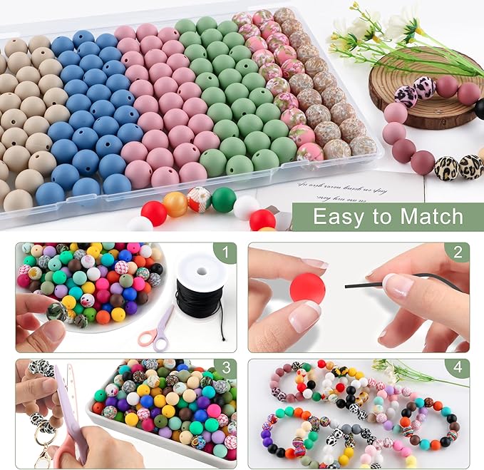 150Pcs Mixed Color 15mm Silicone Beads for Keychain Making, Blush Green Flower Print Silicone Beads for Pens and Bracelet Jewelry Making