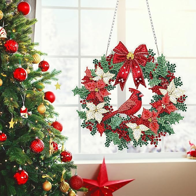 MEIYUDA Christmas Diamond Art Hanging Kits for Adult, Cardinal Wreath Diamond Painting Hanging Kits Ornaments, DIY Special Shaped Rhinestone Window Pendants Kit for Home Garden Wall Decor