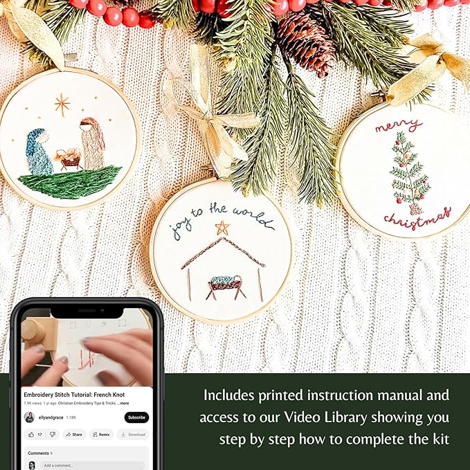 elly & grace christian embroidery kit with embroidery hoop, easy embroidery kit for beginners and adults, full embroidery hoop kit with needles and thread included (joy to the world)