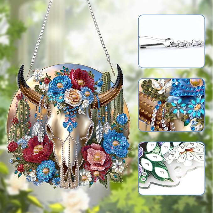 Lxmsja DIY Bull Skull Diamond Painting Hanging Ornament, Double-Sided Acrylic Cacti and Flowers Diamond Art Kit, Special Shaped Suncatcher Hanging Pendant Window Art Kit