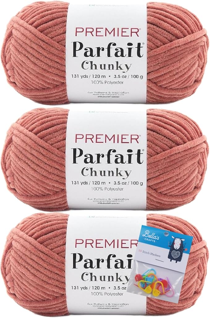 Premier Yarns Parfait Chunky Chenille 3.5 Oz 6 Super Bulky Weight 3 Pack Bundle with Bella's Stitch Place Holders (Chestnut)