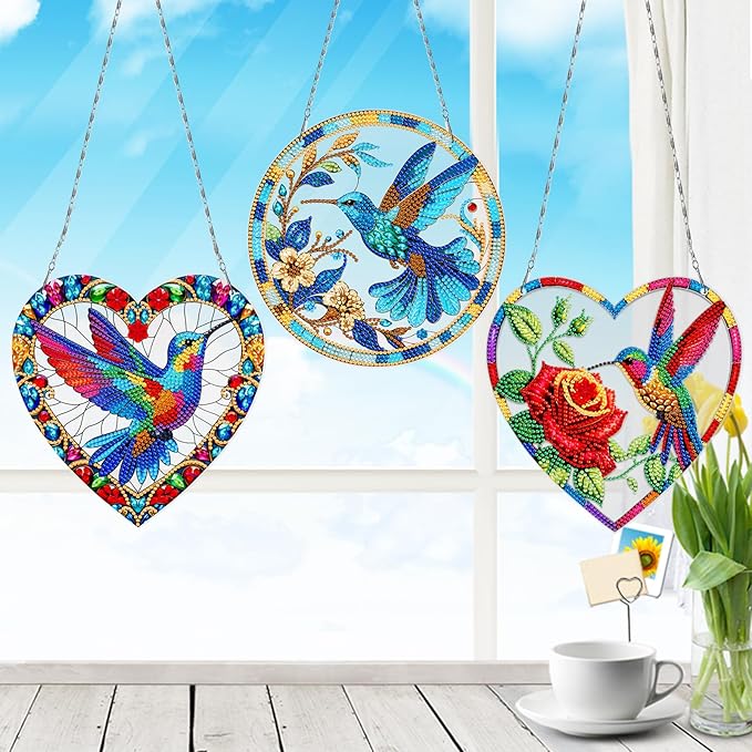 MaiYiYi 3 PCS Hanging Diamond Art Pendant Painting Kit Colorful Bird Diamond Art Ornaments Bird Diamond Painting Ornaments for Adult Home Wall Window Art Decor (13.58X7.48 inch)