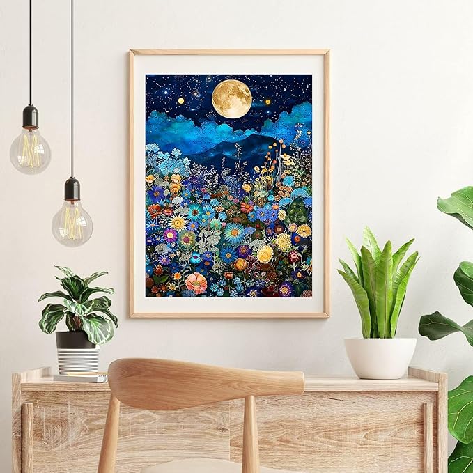 igoodom Diamond Art Kits for Adults, Flowers Under The Moon Diamond Painting Kit, Full Drill Round Diamond Art Kits, DIY Gem Art and Crafts for Home Wall Decor Gift 12x16inch