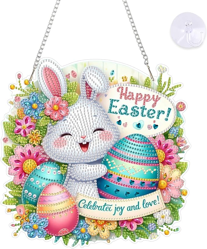 Yunzlly DIY Hanging Easter Diamond Art Pendant Kit, Special Crystal Double Sided Diamonds Painting Ornament Kit for Adults, Acrylic Gem Painting Board for Window&Door&Wall (Happy Bunny)