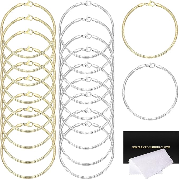 20 Pcs Snake Charm Bracelet Chain 7.5 Inch Gold Silver Charm Bracelet Kit, Dainty Stackable Snake Chain Bracelets with Polishing Cloth for Christmas Mother's Day Women Jewelry Making Gifts Supplies