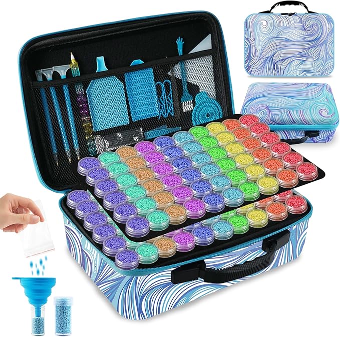 Tavolozza Fine Arts Diamond Painting Storage Containers, 120 Slots Diamond Painting Accessories and Tools with Jars for Beads, Portable Diamond Art Organizer Case, Diamond Art Kit Storage Box, Blue