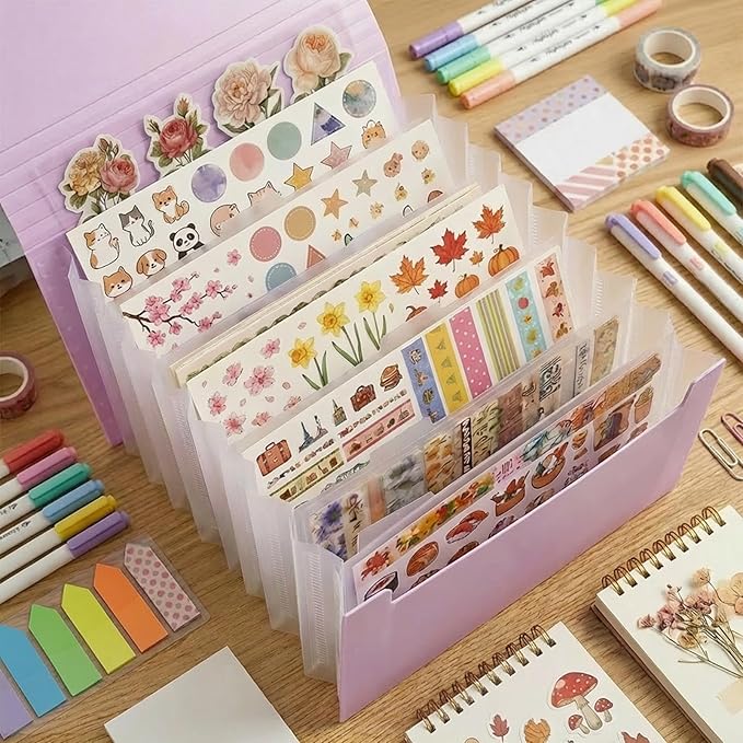 Sticker Storage Organizer with 7 Expandable Pockets, Multi-Layer Desktop Sticker Binder for Scrapbook Essentials and Journal Organizer, Large Capacity for Thick Sticker Album, Washi Tape(3 Color)