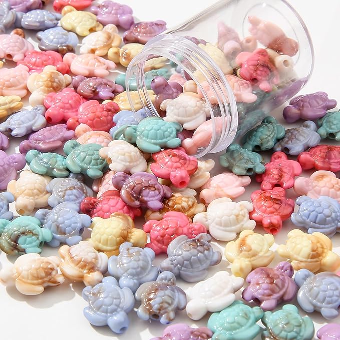200pcs Acrylic Turtle Beads Ocean Sea Theme Turtle Charms Summer Hawaii Beaded for Jewelry Making Beading Kit Bracelets DIY Supplies (Color Turtle)